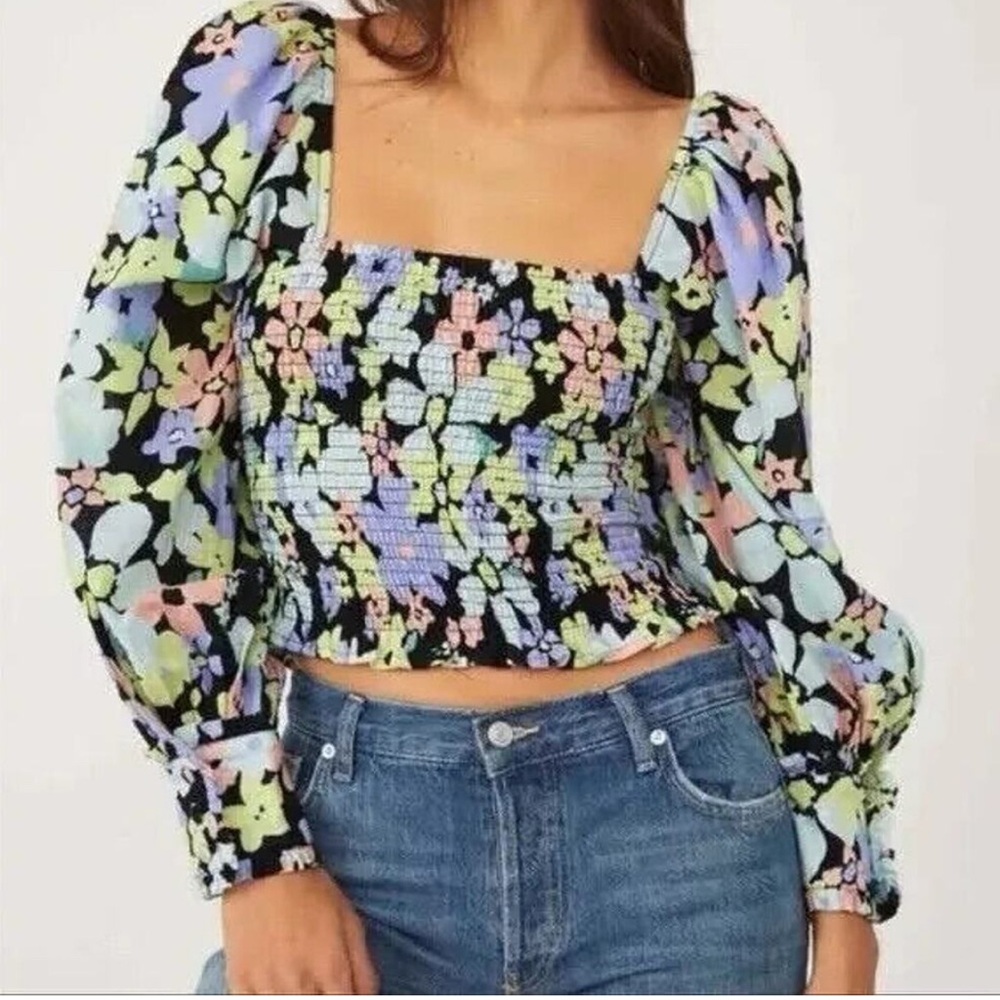 Free People “Ariana” smocked puffed sleeve blouse